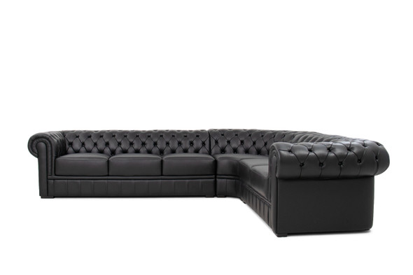 Black Leather Chesterfield Corner Sectional Sofa with Right-Facing Return