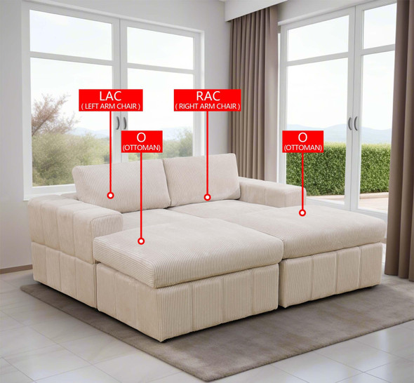 Beige 4-Piece Corduroy Modular Loveseat Set with 2 Ottomans and Wide Track Arms