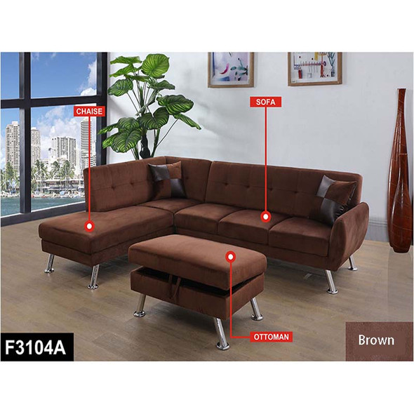 Brown 3-Piece Flannel Sectional Sofa with Left-Facing Chaise and Storage Ottoman