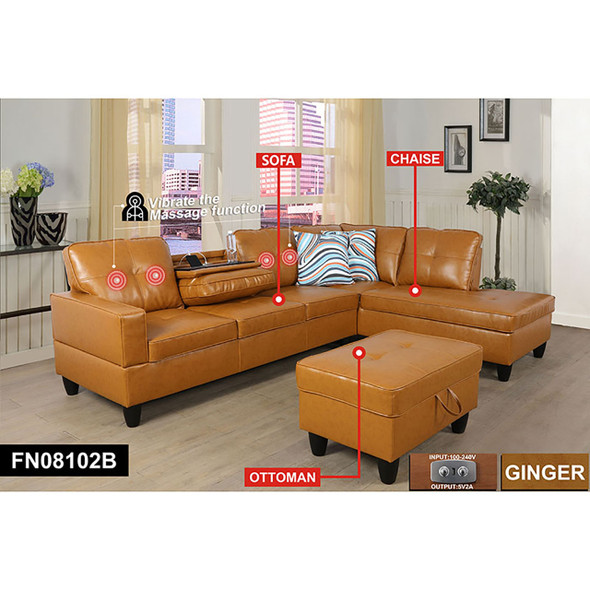 Ginger 3-Piece Semi-PU Synthetic Leather Sectional with Right-Facing Chaise