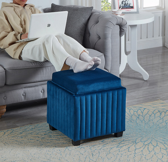 Navy Velvet Storage Ottoman Cube with Reversible Tray and Channel Tufting