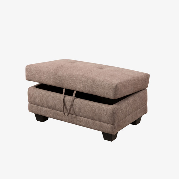Brown Linen-Leather Lift-Top Storage Ottoman with Tufted Cushion and Tapered
