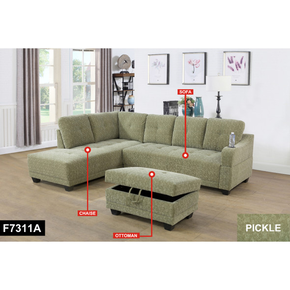 Pickle Green 3-Piece Flannel-Leather Sectional with Left-Facing Chaise Storage