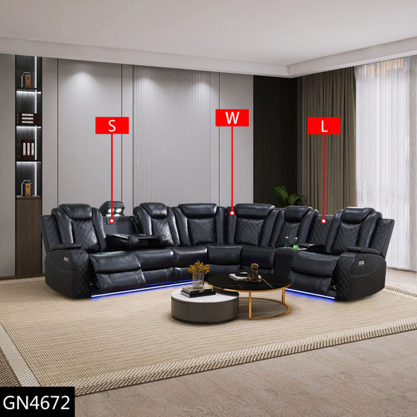 Black Breathable Leather Reclining Sectional Wedge with Comfortably Shaped Arms