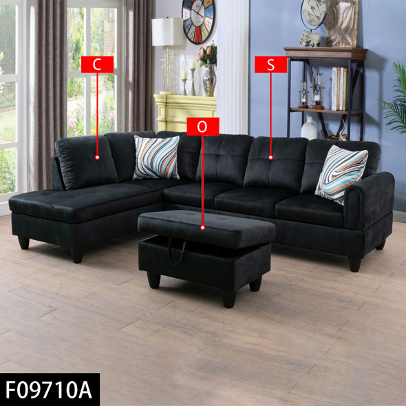 Black 3-Piece Flannel Sectional Sofa with Left-Facing Chaise and Lift-Top