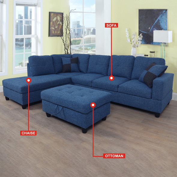 Blue Linen Lift-Top Storage Ottoman with Tufted Cushion and Tapered Legs
