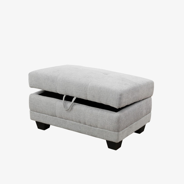 Gray White Flannel-Leather Lift-Top Storage Ottoman with Tufted Cushion
