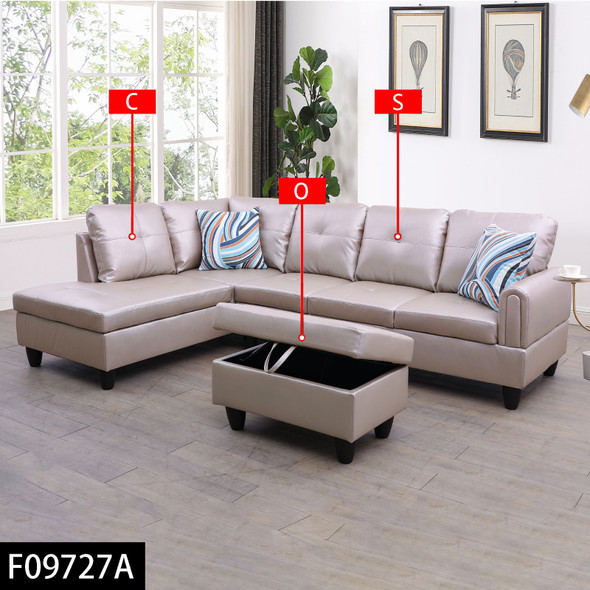 Latte 3-Piece Faux Leather Sectional Sofa with Left-Side Chaise and Lift-Top