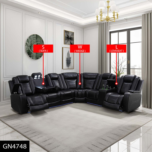 Black 3-Piece Breathable Leather Reclining Corner Sectional with Consoles