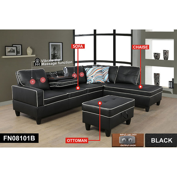 Black 3-Piece Semi-PU Synthetic Leather Sectional with Right-Facing Chaise
