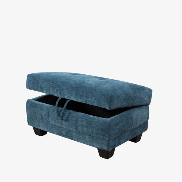 Blue Flannel-Leather Lift-Top Storage Ottoman with Tufted Cushion and Tapered