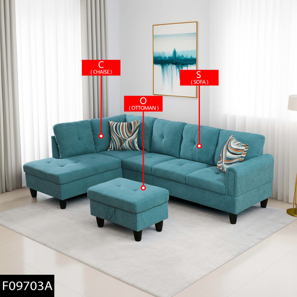 Teal Blue 3-Piece Flannel Sectional Sofa with Left-Facing Chaise and Lift-Top