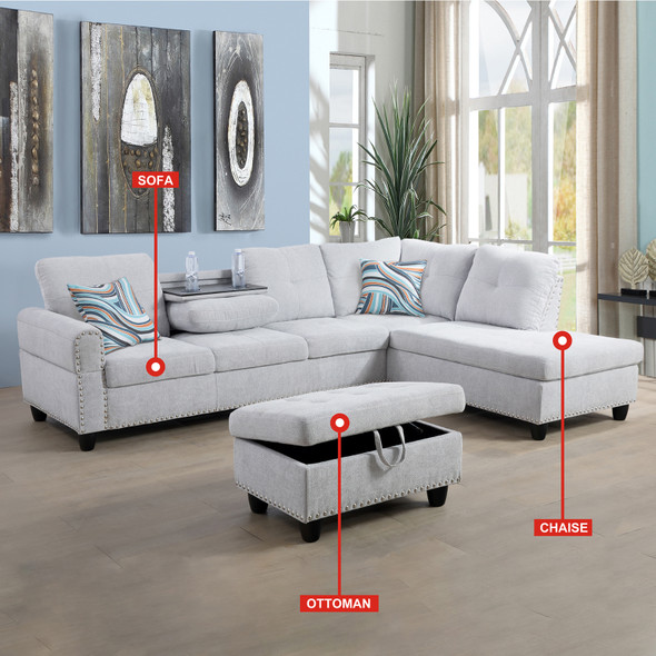 Gray White Flannel Lift-Top Storage Ottoman with Tufted Cushion and Tapered Legs
