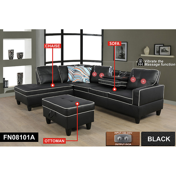 Black 3-Piece Semi-PU Synthetic Leather Sectional with Left-Facing Chaise