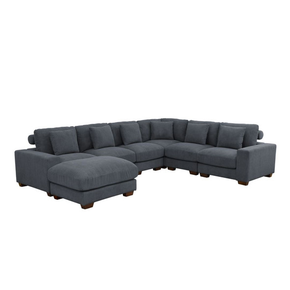 Dark Gray Corduroy Fabric Padded Modular Sectional Ottoman with Nailhead Trim