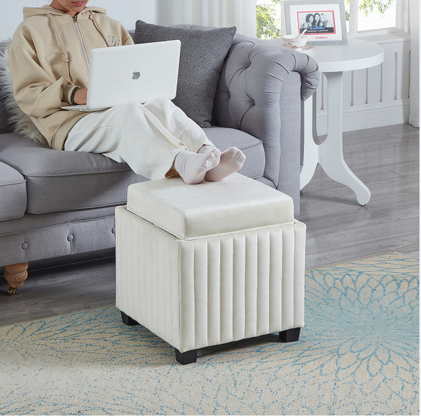 Beige Velvet Storage Ottoman Cube with Reversible Tray and Channel Tufting