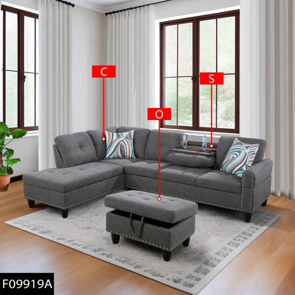 Gray 3-Piece Linen Sectional Sofa with Left-Facing Chaise Storage Ottoman