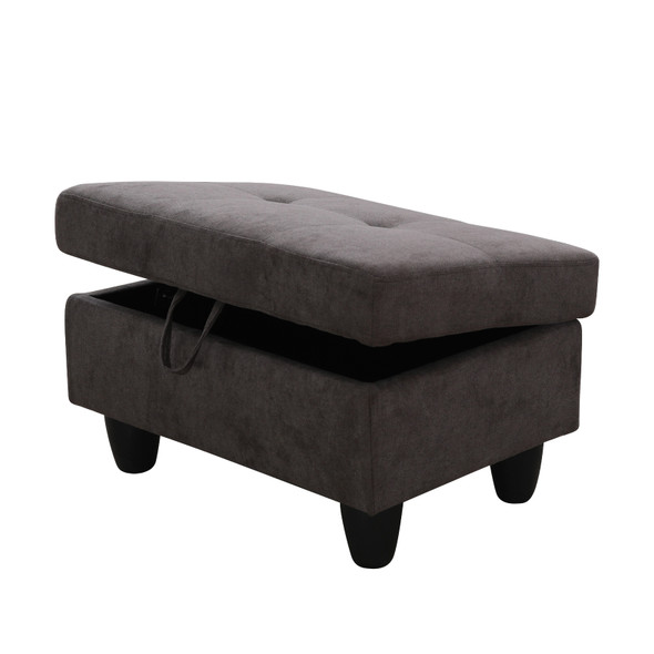 Dark Brown Flannel Lift-Top Storage Ottoman with Tufted Cushion and Tapered Legs
