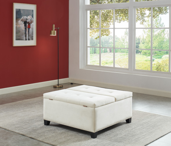 Gray Linen Lift-Top Storage Ottoman with Tufted Cushion and Tapered Legs