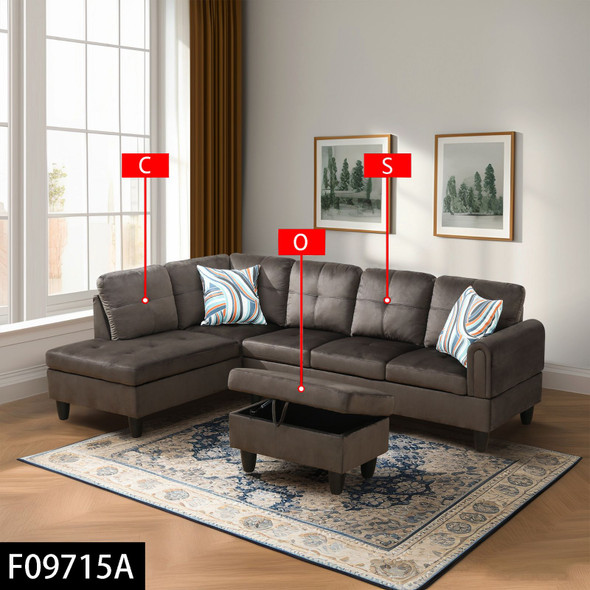 Dark Brown 3-Piece Flannel Upholstered L-Shaped Sectional Sofa with Left-Facing