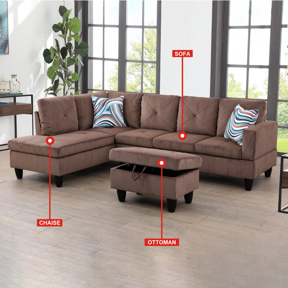 Brown Sackcloth Fabric Lift-Top Sectional Storage Ottoman with Tufted Cushion
