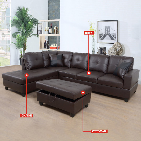 Brown Faux Leather Lift-Top Storage Ottoman with Tufted Cushion and Tapered Legs