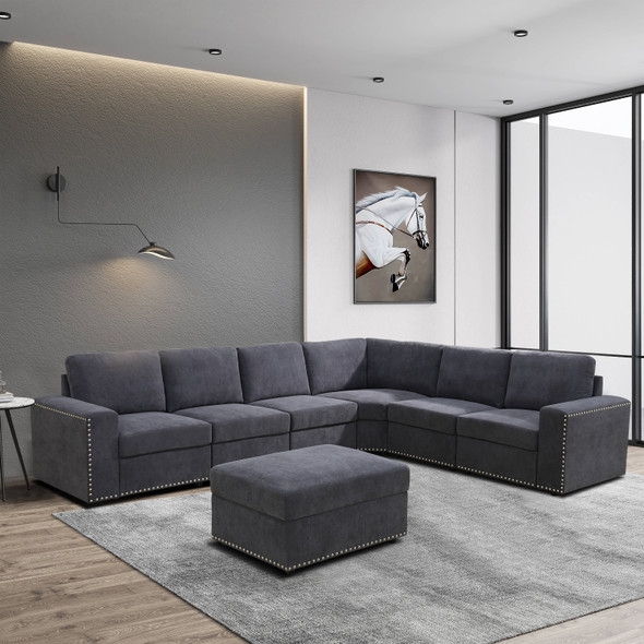 Dark Gray Corduroy Fabric Padded Modular Sectional Ottoman with Nailhead Trim