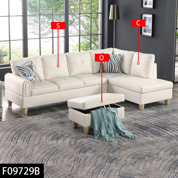 Pearl White 3-Piece Faux Leather Sectional Sofa with Right-Facing Chaise