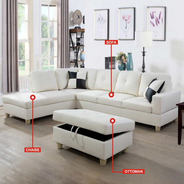 White Faux Leather Lift-Top Storage Ottoman with Tufted Cushion and Tapered Legs