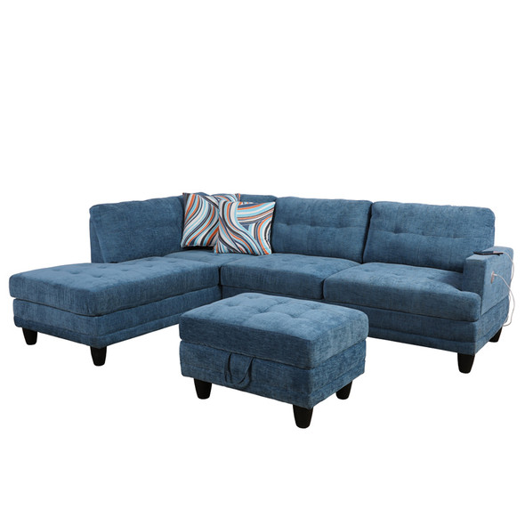 Blue Linen 3-Piece Sectional with Left-Facing Chaise Vibration Massage Seat