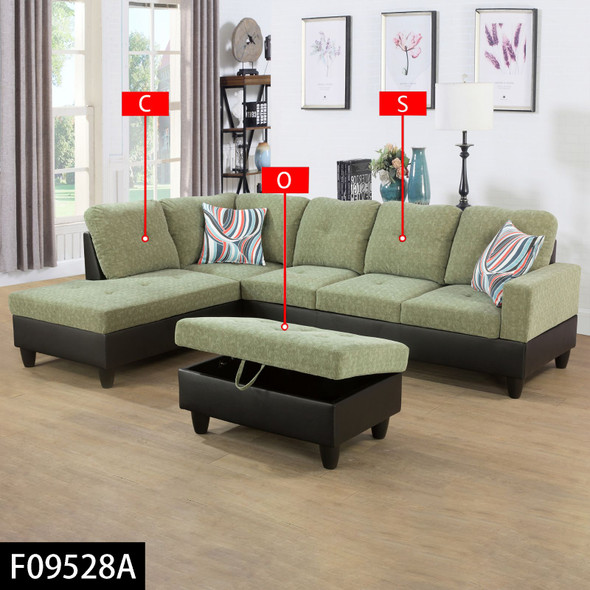 Green Umber 3-Piece Flannel and PVC Sectional Sofa with Left-Facing Chaise
