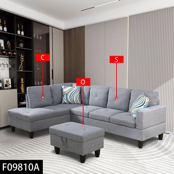 66.5-Inch Gray 3-Piece Linen Sectional Sofa with Left-Facing Chaise and Lift-Top