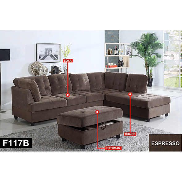 Espresso 3-Piece Pineapple Velvet Sectional Sofa with Right-Facing Chaise