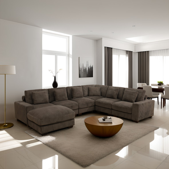 Brown Corduroy Sectional Ottoman with Padded Cushion and Tapered Legs and Design