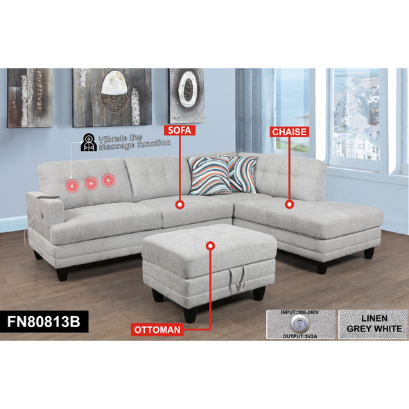 Gray White Linen 3-Piece Sectional with Right-Facing Chaise Vibration Massage
