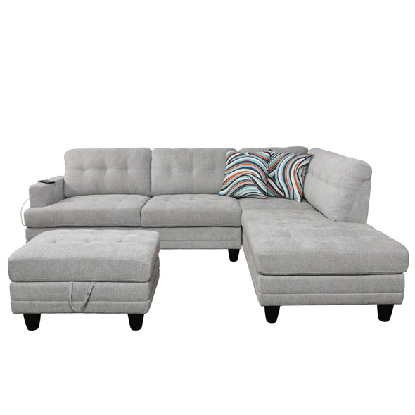 Gray White Linen 3-Piece Sectional with Right-Facing Chaise Vibration Massage