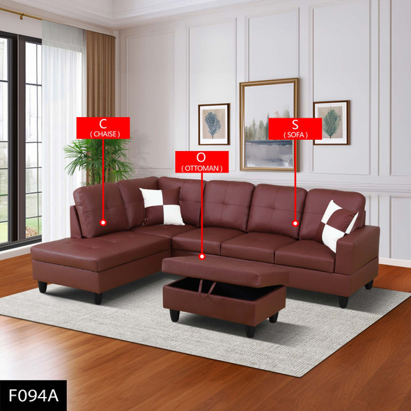 Dark Red 3-Piece Faux Leather Sectional Sofa with Left-Facing Chaise and Ottoman