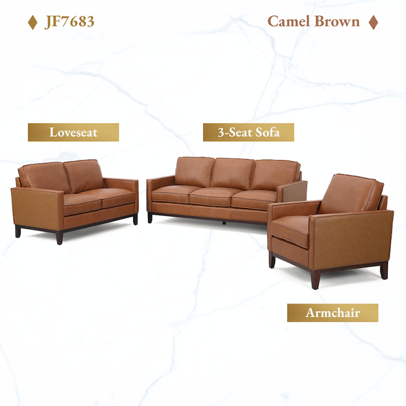 Camel Brown 3-Piece Top-Grain Leather Living Room Set with Sofa Loveseat