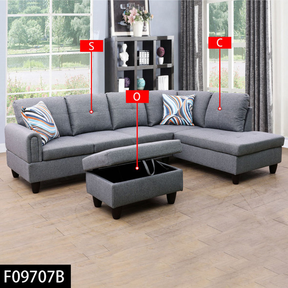 Light Gray 3-Piece Linen Sectional Sofa with Right-Facing Chaise and Lift-Top