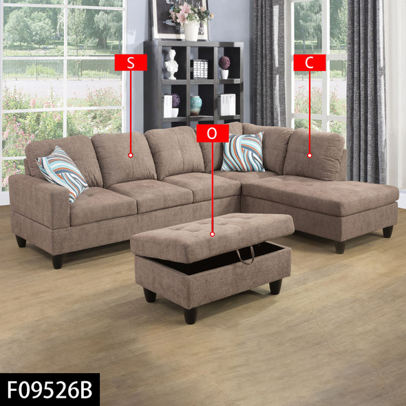 Coffee Brown 3-Piece Flannel Sectional Sofa with Right-Facing Chaise and Ottoman