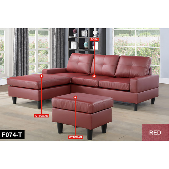 Red Semi-PU Synthetic Leather 3-Piece Living Room Set with Sofa Loveseat