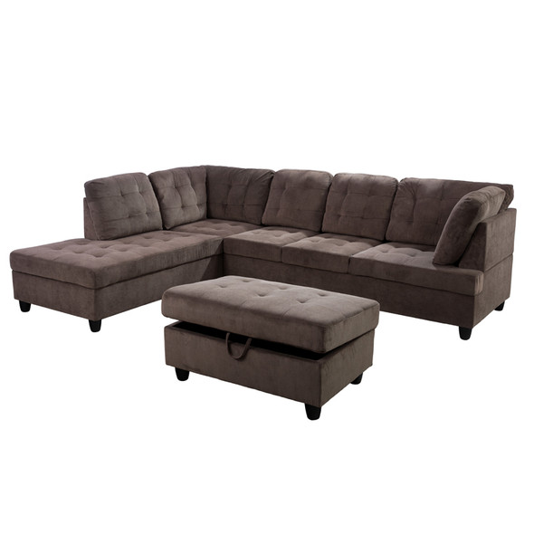 Espresso 3-Piece Pineapple Velvet Sectional Sofa with Left-Facing Chaise