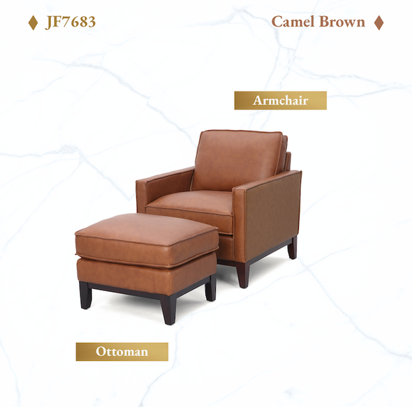 Camel Brown Top-Grain Leather Armchair with Matching Ottoman Track Arms and Wood
