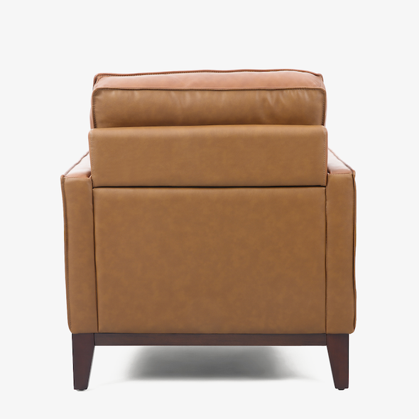 Camel Brown Top-Grain Leather Armchair with Matching Ottoman Track Arms and Wood