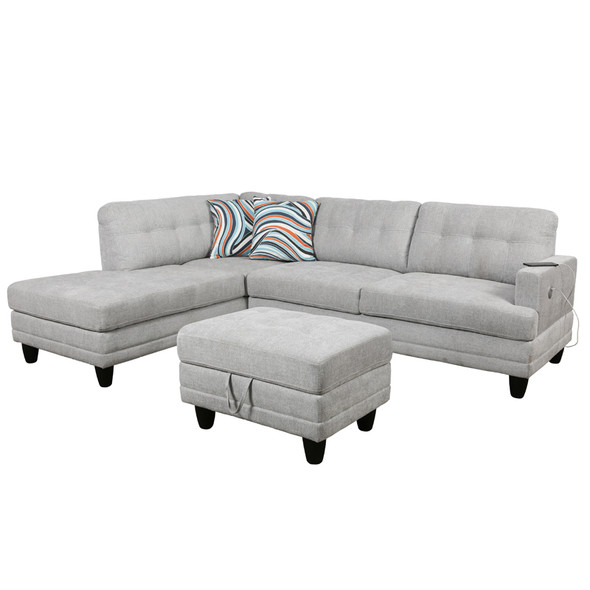 Gray White Linen 3-Piece Sectional with Left-Facing Chaise Vibration Massage