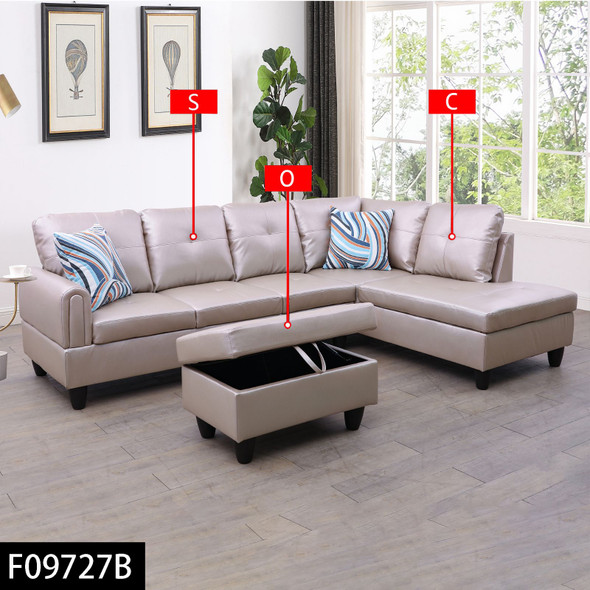 Latte 3-Piece Faux Leather Sectional Sofa with Right-Facing Chaise and Lift-Top