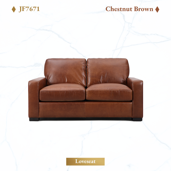 Chestnut Brown Top-Grain Leather Loveseat with Track Arms and Block Feet
