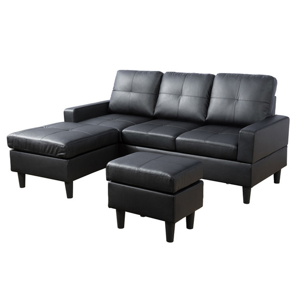 Black Semi-PU Synthetic Leather 3-Piece Living Room Set with Sofa Loveseat