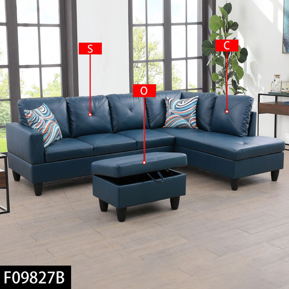 Deep Blue 3-Piece Faux Leather Sectional Sofa with Right-Facing Chaise