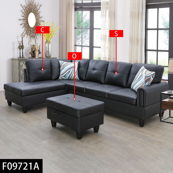 Black 3-Piece Faux Leather Left-Facing Corner Sectional Sofa with Lift-Top